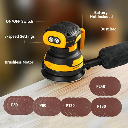 Vista 8 de Lijadora orbital aleatoria inalámbrica apta para batería Dewalt de 20 V, motor sin escobillas de 300 W, 11000 RPM, lijadora de palma de 5 pulgadas