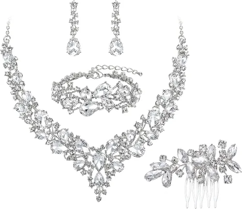 Vista 16 de BriLove - Juego de joyas de boda con cristales austriacos, collar, aretes y pulsera para mujer 01-Tono plateado transparente