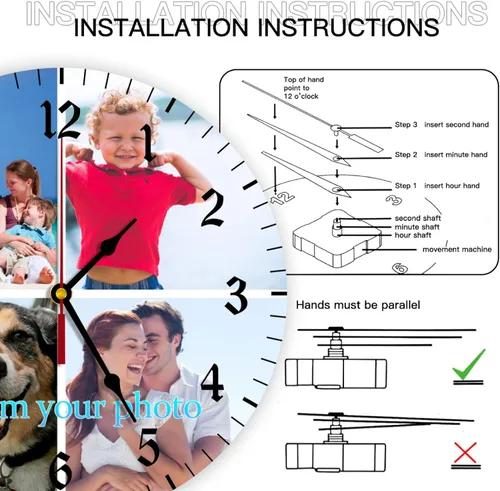 Vista 3 de Reloj de pared personalizado, reloj personalizado con texto de 4 imágenes, reloj de fotos silencioso redondo personalizado de PVC, regalos