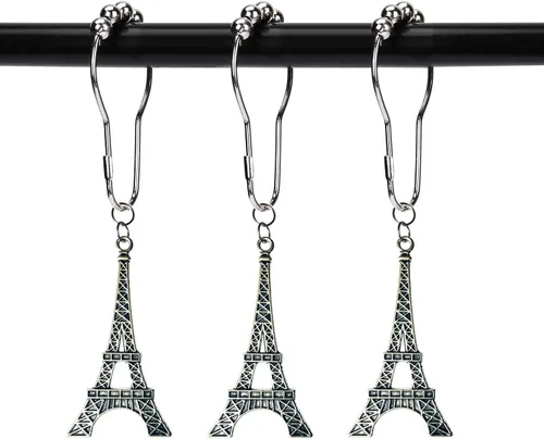 Vista 7 de Juego de 12 ganchos para cortina de ducha de la Torre Eiffel, París París, Francia, desgastado, francés, elegante, estilo cabaña, tema, para el Negro