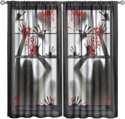 Vista 9 de Cortinas de Halloween con diseño de bosque gótico rojo, cruz gótica, Halloween, festividades, festival, tratamiento de ventana para sala de estar