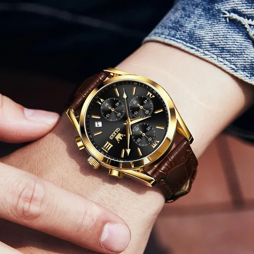 Vista 7 de OLEVS Reloj cronógrafo para hombre, reloj de pulsera analógico de cuarzo con correa de cuero para hombre (azulblanconegrodorado)