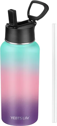 Vista 19 de Botella de agua aislada con popote, botella de agua deportiva de acero inoxidable aislada al vacío de 32 onzas, mantiene el frío y el calor, botella