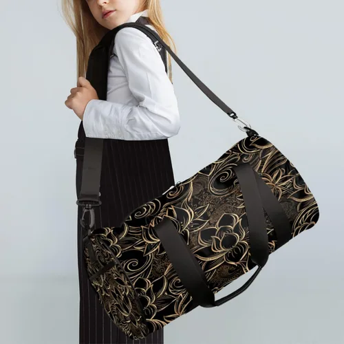 Vista 3 de Bolsa de lona con correa de hombro desmontable, lujosa bolsa de gimnasio deportiva de flor de loto para estudiantes, bolsa deportiva de 17.6 x 9 x 9