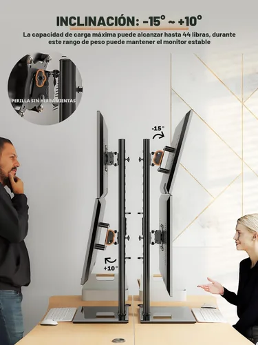 Vista 4 de Soporte para Monitor Dual - Apilamiento Vertical de Pantalla, Elevador de Monitor Independiente para Dos Pantallas de 13 a 34 Pulgadas con Giro