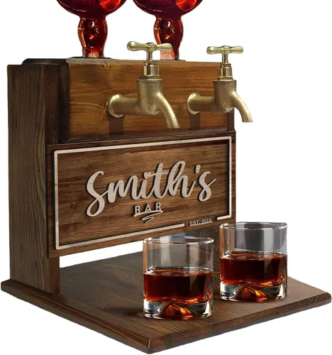 Vista 4 de Juego de dispensador de whisky personalizado para hombres, dispensador de licor grabado de madera con nombre en relieve para el hogar, bar, pub