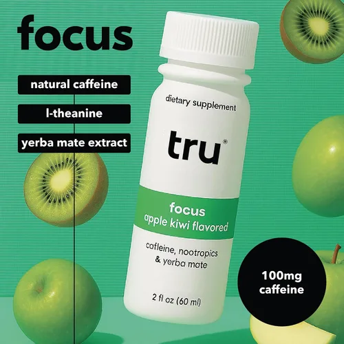 Vista 5 de Tru Focus Shots, Bebida energética nootrópica con yerba mate, L-teanina y cafeína natural, shot de bienestar vegano con cero azúcar y calorías, sin