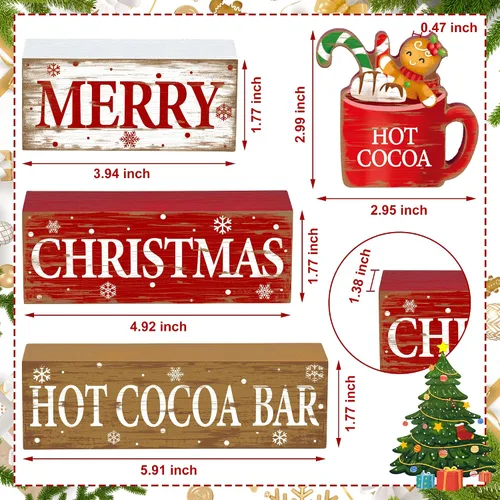 Vista 2 de 4 piezas de decoración de mesa de madera de Navidad rústica de cacao caliente, letrero de bloque de madera de cacao caliente, centro de mesa