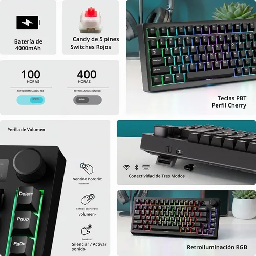 Vista 3 de TECWARE Spectre 75% Teclado mecánico RGB para juegos Pantalla LCD personalizable Modo inalámbrico tri con perilla Montaje con junta Zócalos