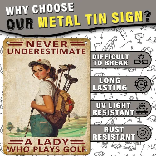 Vista 3 de Golf Girl Metal Tin Sign Golf Metal Poster Never Underestimate A Lady Who Plays Golf Funny Vintage Tin Sign Wall Plaque Poster 12x16inch
