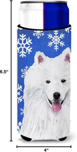 Vista 7 de Caroline's Treasures SC9379MUK American Eskimo Winter Snowflakes Holiday Ultra Hugger para latas delgadas puede enfriar manga Hugger lavable a