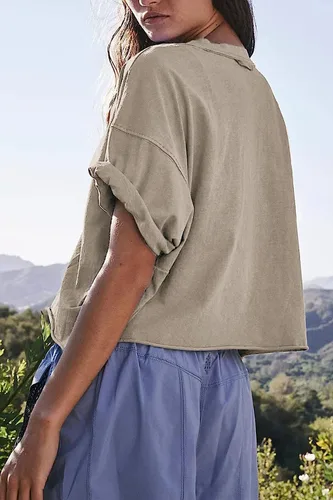 Vista 4 de Camisetas de entrenamiento de gran tamaño para mujer, manga corta, hombros caídos, casuales, holgadas, para gimnasio, yoga, atlética