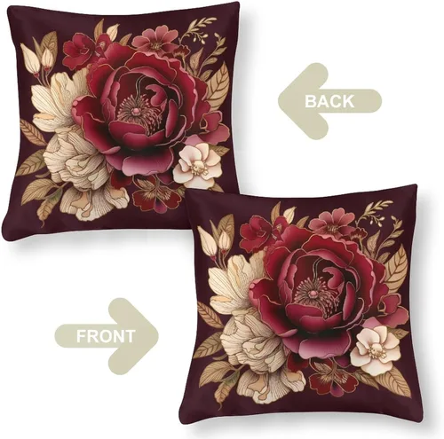 Vista 3 de Fundas de cojín de satén elegantes, decorativas florales burdeos, suaves y lujosas, elegantes fundas de almohada de terciopelo floral para sofá