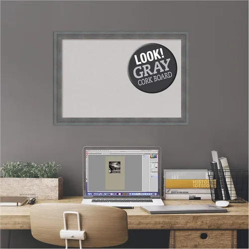 Vista 2 de Amanti Art Tablero de corcho gris para pared (26 x 18) con marco de madera azul rústico Dixie, tablero de corcho mediano para oficina, tablero