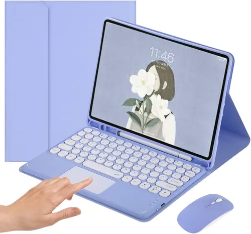 Vista 8 de Funda de teclado con panel táctil para iPad 6 iPad 5 Air 2 Pro de 9.7 pulgadas con teclado táctil retro de teclas redondas con ratón, teclado