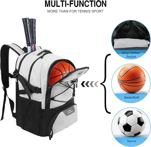 Vista 2 de Mochila para raqueta de tenis WOLT - Mochila grande para raqueta de tenis para hombres y mujeres - Compartimento ventilado para zapatos - Capacidad