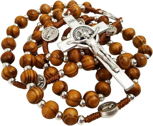 Vista 4 de TALISMAN4U Rosario de madera de olivo collar católico Medalla de San Benito Crucifijo Crucifijo Jerusalén Cruz Caja de regalo