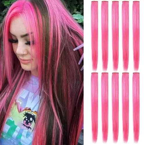 Vista 14 de Extensiones de cabello con clip de colores, 8 piezas de cabello sintético liso con reflejos azules y verde azulado