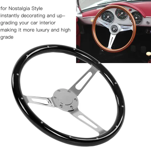 Vista 4 de Volante clásico, volante universal de grano de madera de 14.961 in/15 pulgadas, agarre de nogal con 3 radios remachados 6 agujeros, modificación