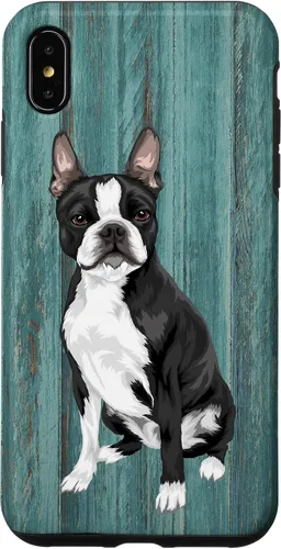 Vista 11 de Boston Terrier Faux Blue Wood Background Case for iPhone 17
