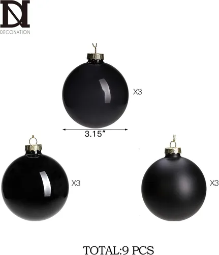 Vista 6 de DN DECONATION Adornos de Navidad de cristal negro, bolas de Navidad colgantes de 3.15 pulgadas para decoración del árbol de Navidad, juego de 9