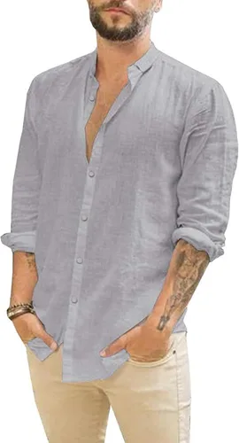 Vista 7 de Camisas de lino de manga larga para hombre, camisa casual con botones, ajuste regular, para verano, playa, boda