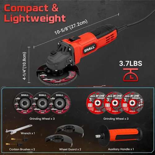 Vista 6 de SHALL Amoladora angular de 4-1/2 pulgadas, 11000 RPM, 4 amperios con 2 protecciones, 3 discos de corte, 3 muelas, mango antideslizante, llave