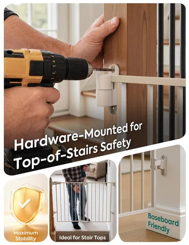 Vista 5 de Babelio Puerta de seguridad para bebés para escaleras, cocina y puertas, sin barra inferior, fácil instalación, operación con una sola mano, cierre