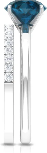 Vista 13 de Juego de anillos de boda solitario de topacio azul Londres de 2 quilates con moissanita, topacio y moissanita, juego de anillos de novia de topacio