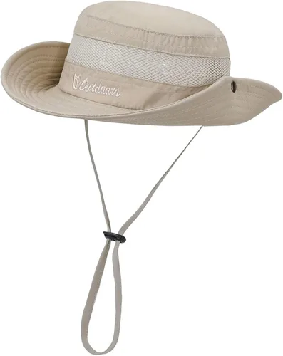 Vista 3 de Sombrero de sol de ala ancha UPF50 con cordón ajustable de protección para pescador unisex para exteriores, playa, senderismo Beige