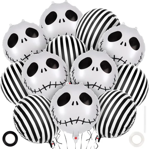 Vista 9 de 12 globos de rayas blancas y negras, globos de aluminio de Halloween de 18 pulgadas, globos a rayas negras para fiesta de cumpleaños, baby shower