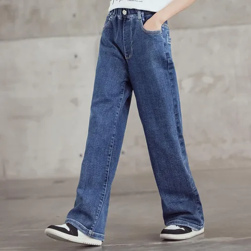 Vista 6 de birbyrrly Pantalones de mezclilla de pierna ancha para niñas, holgados, cintura elástica, pantalones de mezclilla casuales con bolsillos