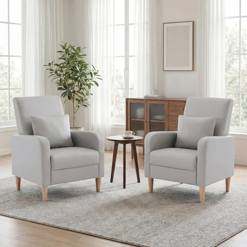 Vista 11 de COLAMY Silla decorativa moderna Mid-Century tapizada de tela con almohada trasera y patas de madera maciza, cómodo sillón para sala de estar Beige