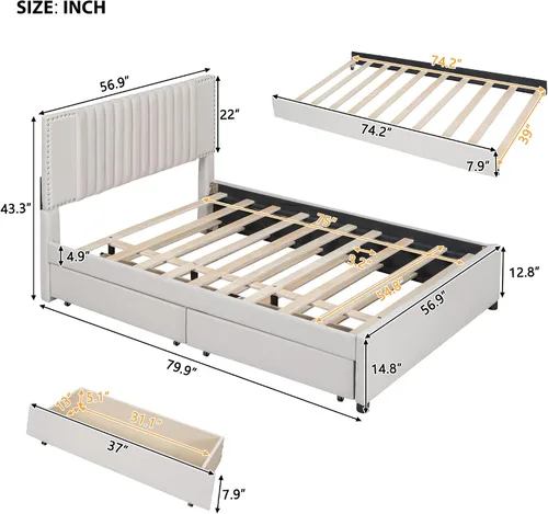 Vista 2 de MERITLINE Base de cama de tamaño matrimonial de madera con nido y cajones de almacenamiento, plataforma tapizada con cabecera y soporte de listones