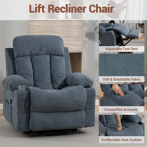 Vista 6 de Silla reclinable eléctrica para personas mayores con masaje por vibración y calor lumbar, silla elevadora para adultos con soporte para tazas