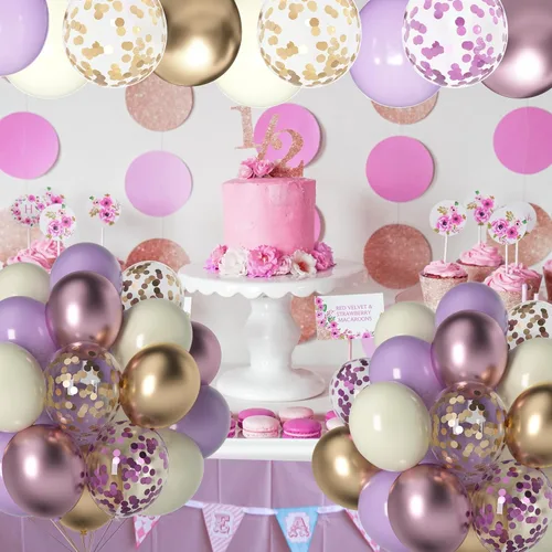 Vista 4 de Globos morados y dorados: 60 globos metálicos de lavanda y champán de 12 pulgadas con confeti para graduaciones, bodas, cumpleaños y celebraciones