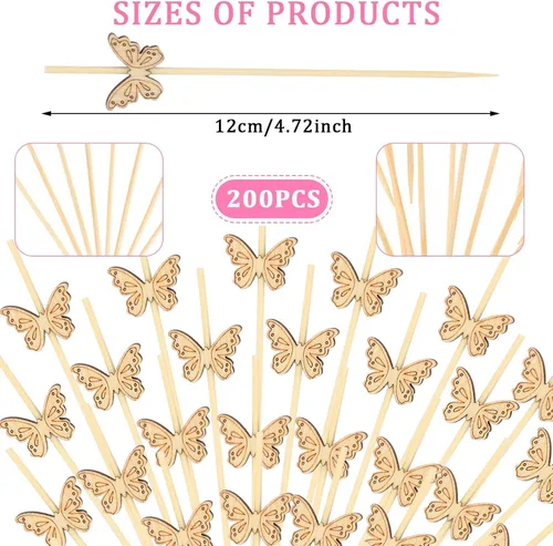 Vista 2 de 200 palitos de bambú desechables para decoración de fiestas, selecciones de cóctel para bebida, 4.7 pulgadas, palillos de frutas