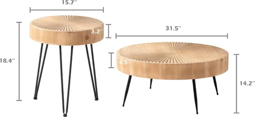 Vista 2 de Juego de mesa de centro estilo granja de 2 piezas, redonda con patrón radial de madera artesanal, juego de mesa de café moderna para sala de estar
