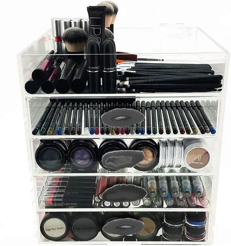 Vista 2 de OnDisplay Ultimate Diva - Estación de organización de cosméticos, cubo de 12 pulgadas, ágata dorada/plateada (negro/plateado)