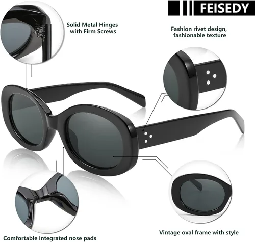 Vista 4 de FEISEDY Gafas de sol retro ovaladas estilo vintage de los años 90, gruesas, redondas, B2312, 52 mm