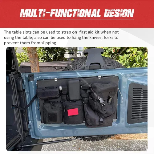 Vista 7 de Mesa plegable para puerta trasera de Ford Bronco, mesa plegable de acero para puerta batiente, estante de carga negro compatible con Ford Bronco