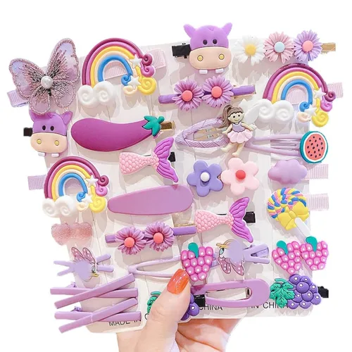 Vista 2 de 28 PIEZAS Lindas Pinzas para el Cabello, Accesorios para el Cabello de Moda para Niñas, Juego de Pasadores con Flores, Frutas, Arcoíris Colorido