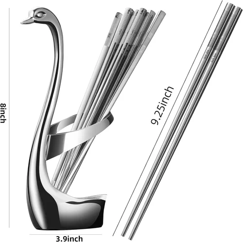 Vista 2 de AnSaw - Soporte de base de cisne plateado con 5 pares de palillos de acero inoxidable 304 Palillos cuadrados reutilizables del metal palillos