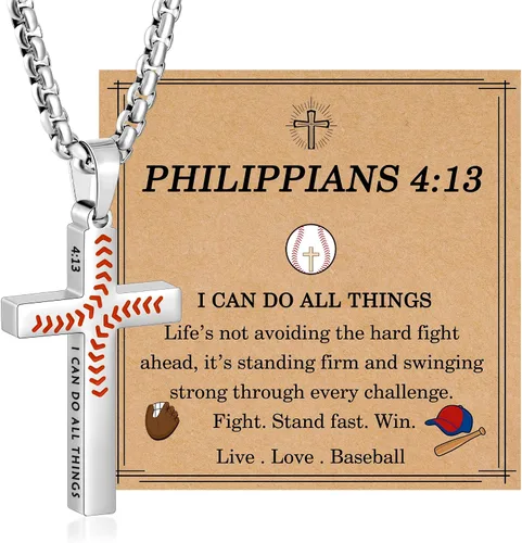 Vista 12 de Regalos de Pascua para niños y adolescentes, collares de cruz de béisbol para niños y hombres, de acero inoxidable que no destiñe, collar