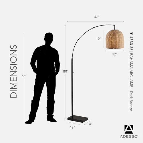 Vista 2 de Adesso Lámpara de pie de arco de bronce con pantalla de ratán – Moderna luz de acento costera para dormitorio, sala de estar u oficina en casa, 80