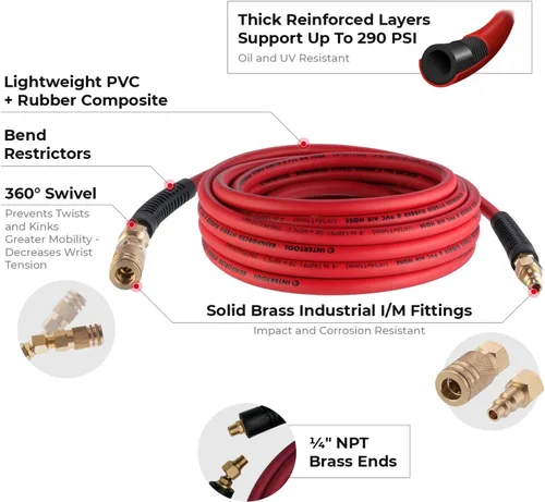 Vista 2 de INTERTOOL Manguera de compresor de aire 1/4-pulgada x 25 pies, ligera con acoplador rápido resistente y enchufe de servicio pesado - Resistente a