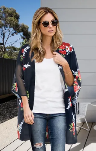 Vista 5 de Cárdigan tipo kimono de manga abombada con estampado floral para mujer, blusa informal