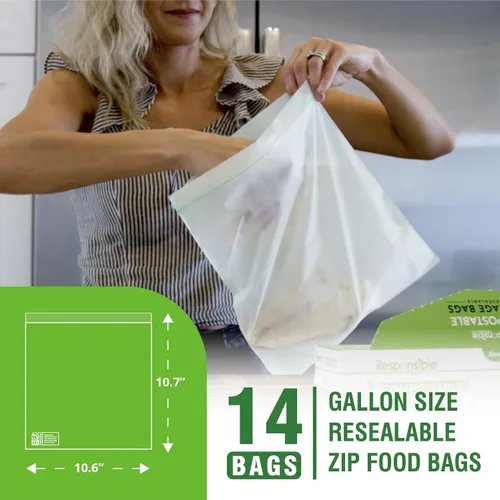 Vista 2 de Responsible Products Bolsa con cremallera resellable de gran galón compostable certificada, bolsas de alimentos extra resistentes, hechas