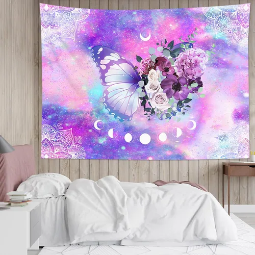 Vista 11 de HVEST Tapiz retro rojo de hongos para colgar en la pared, diseño floral rosa con fresa y mariposa en beige, tapiz para dormitorio, flores, plantas