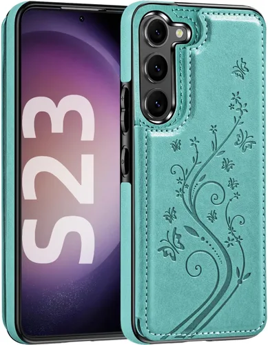 Vista 16 de Korecase - Funda tipo cartera para Samsung Galaxy S23 con tarjetero y tarjetero de piel sintética, diseño de mariposas y flores, color azul